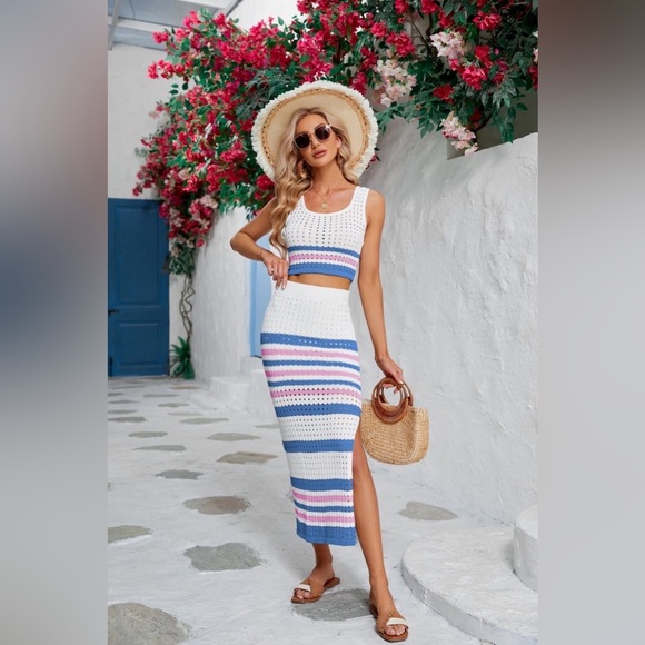 Striped Openwork Cropped Tank and Split Skirt Set - Picture 9 of 16